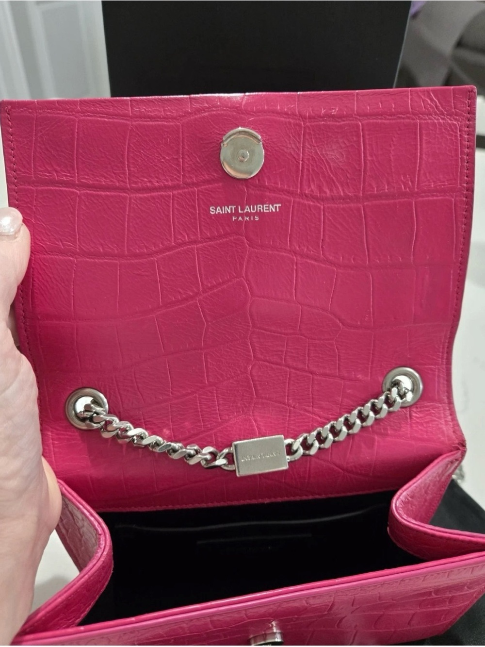🔥Saint Laurent Fuchsia Croc-Embossed Kate Tassle Bag Small🔥 - Picture 4 of 17
